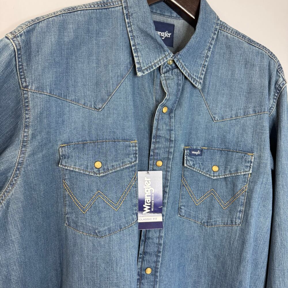 Wrangler Men's Classic Denim Western Snap Denim Shirt Mid Wash Rodeo Rancho XL - Picture 9 of 14